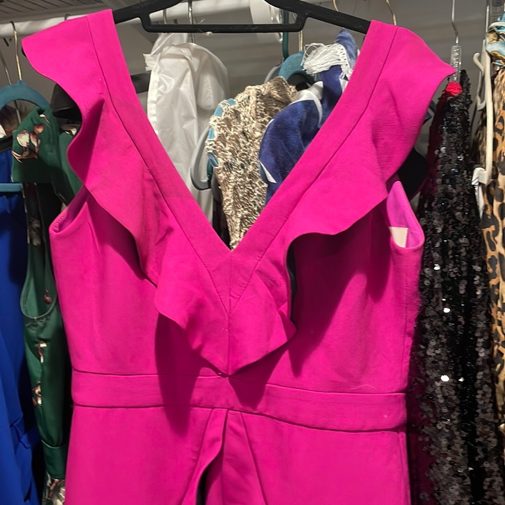 Fuscia frilly low v neckline dress